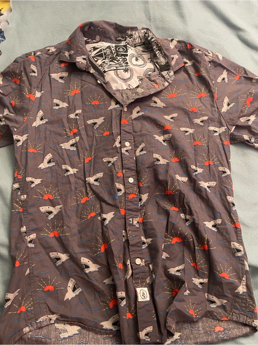 Volcom Men's Gray Shark and Red Sun Print Button-Down Shirt